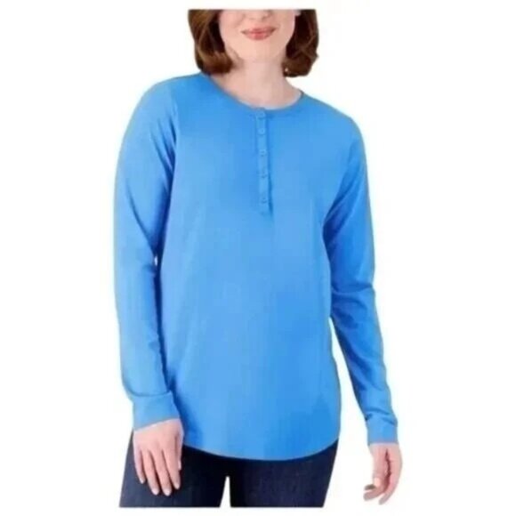 Belle by Kim Gravel Primabelle Knit Henley Top Womens XL Ocean Reef Cotton NEW - Picture 1 of 7